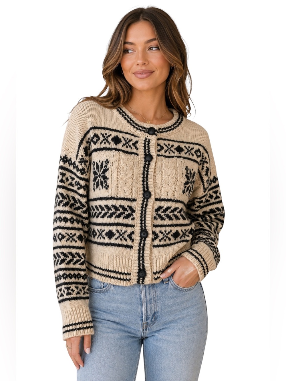 American Eagle Fair Isle Cable Knit Cropped Cardigan Cream Black Size Small